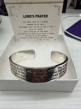 Lord's Prayer Engraved Silver Cuff Bracelet